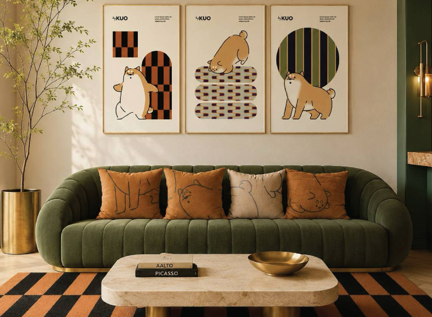 Lounge with by KUO posters and mascot cushions